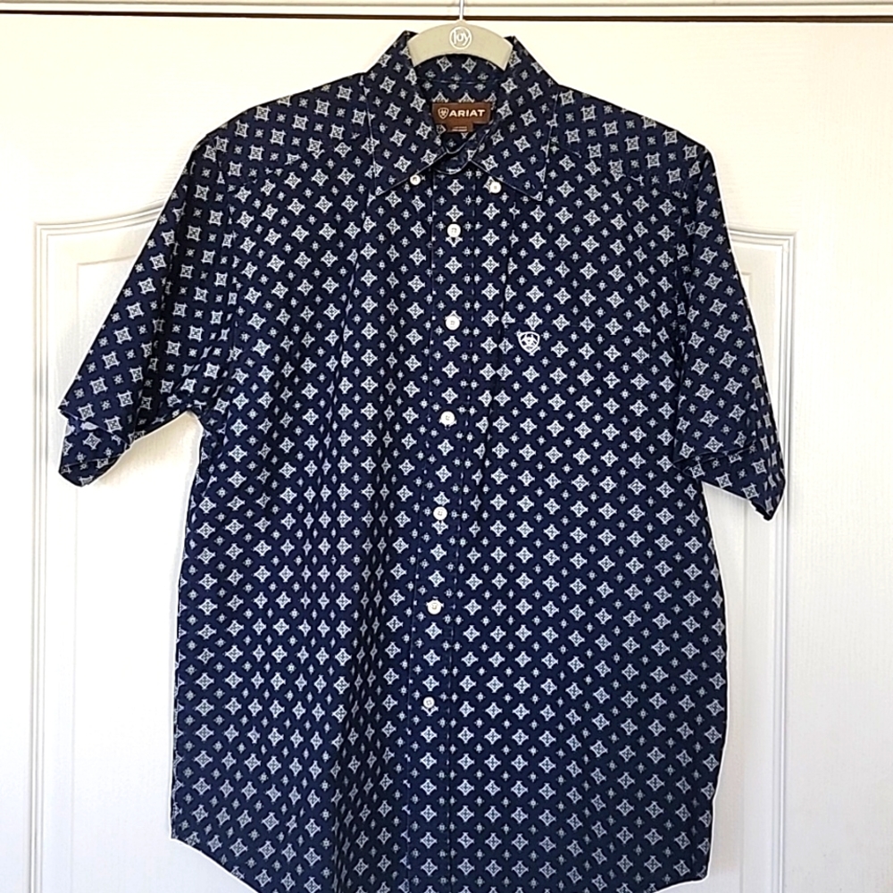 Mens Western Ariat Button down Short Sleeve Blue Shirt